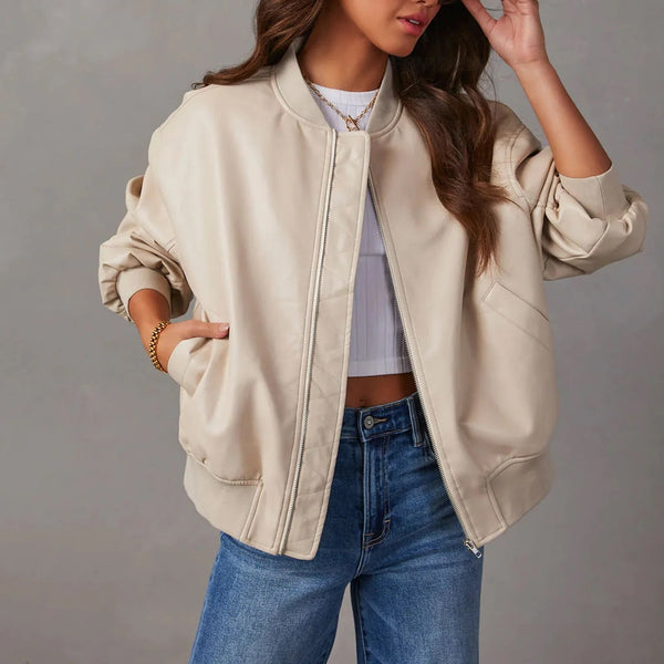 Women's Oversized Leather Jacket with Zipper Closure – Ribbed Hem – Hip Length Stylish Outerwear