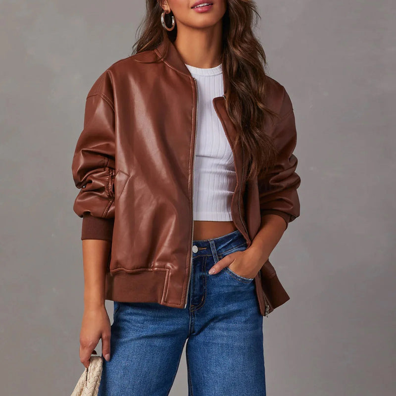 Women's Oversized Leather Jacket with Zipper Closure – Ribbed Hem – Hip Length Stylish Outerwear