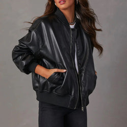 Women's Oversized Leather Jacket with Zipper Closure – Ribbed Hem – Hip Length Stylish Outerwear