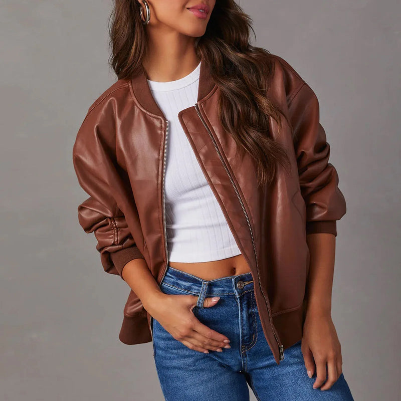 Women's Oversized Leather Jacket with Zipper Closure – Ribbed Hem – Hip Length Stylish Outerwear