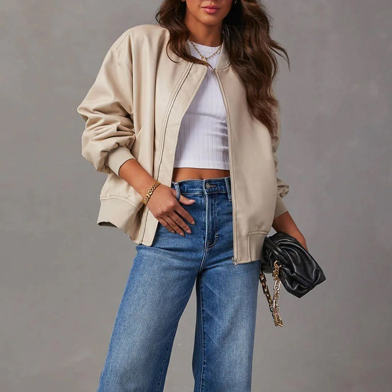 Women's Oversized Leather Jacket with Zipper Closure – Ribbed Hem – Hip Length Stylish Outerwear
