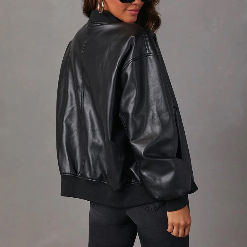 Women's Oversized Leather Jacket with Zipper Closure – Ribbed Hem – Hip Length Stylish Outerwear