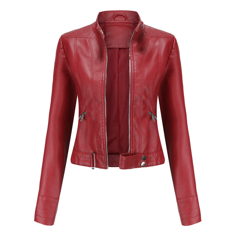 Stylish Women's Leather Jacket with Zip Closure, High Collar, and Adjustable Belt - Perfect for Any Season