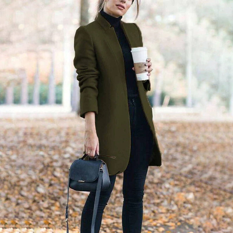 Stylish Women's Long Wool Trench Coat - Stand Collar, Sleek Fit & Warmth for Every Occasion