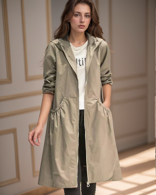 Women's Waterproof Lightweight Hooded Jacket - Relaxed Fit, Knee-Length, Zip Closure - Perfect for Outdoor Activities