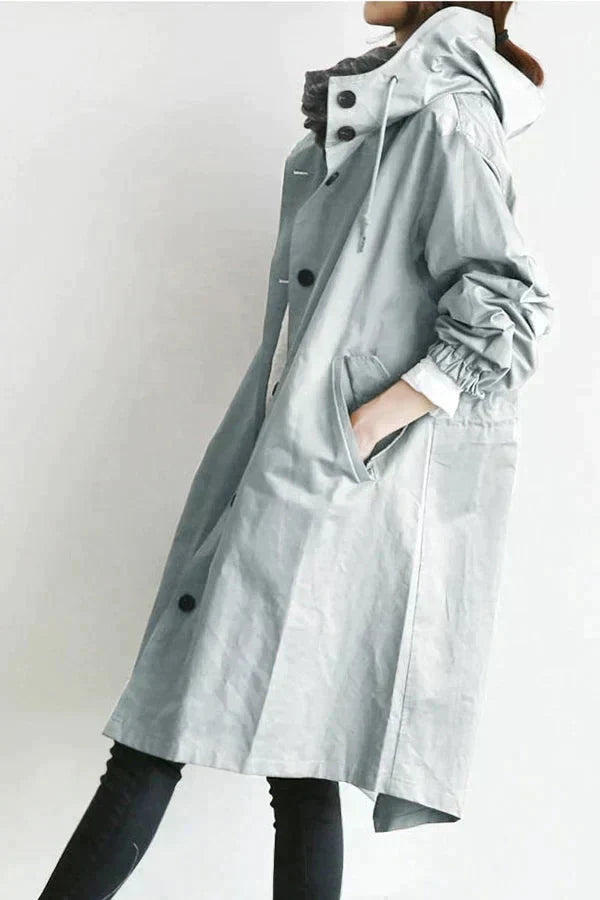 Women's Oversized Hooded Rain Jacket - Button Front, Pockets, Waterproof & Stylish Outerwear