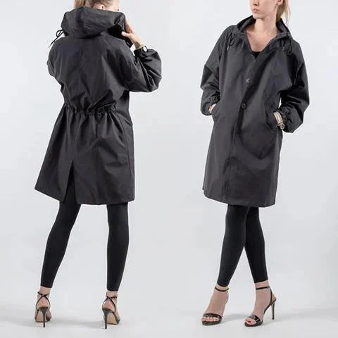 Women's Oversized Hooded Rain Jacket - Button Front, Pockets, Waterproof & Stylish Outerwear
