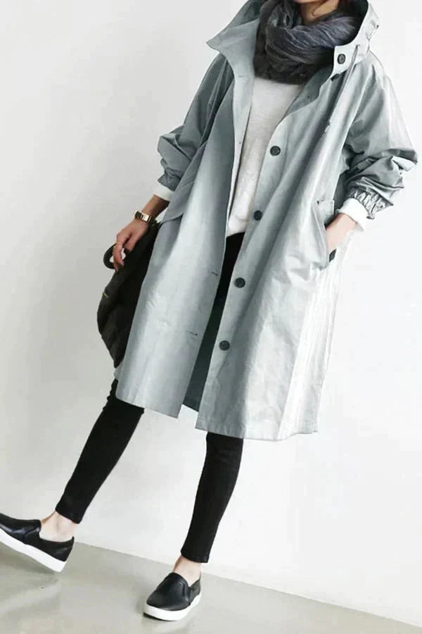 Women's Oversized Hooded Rain Jacket - Button Front, Pockets, Waterproof & Stylish Outerwear