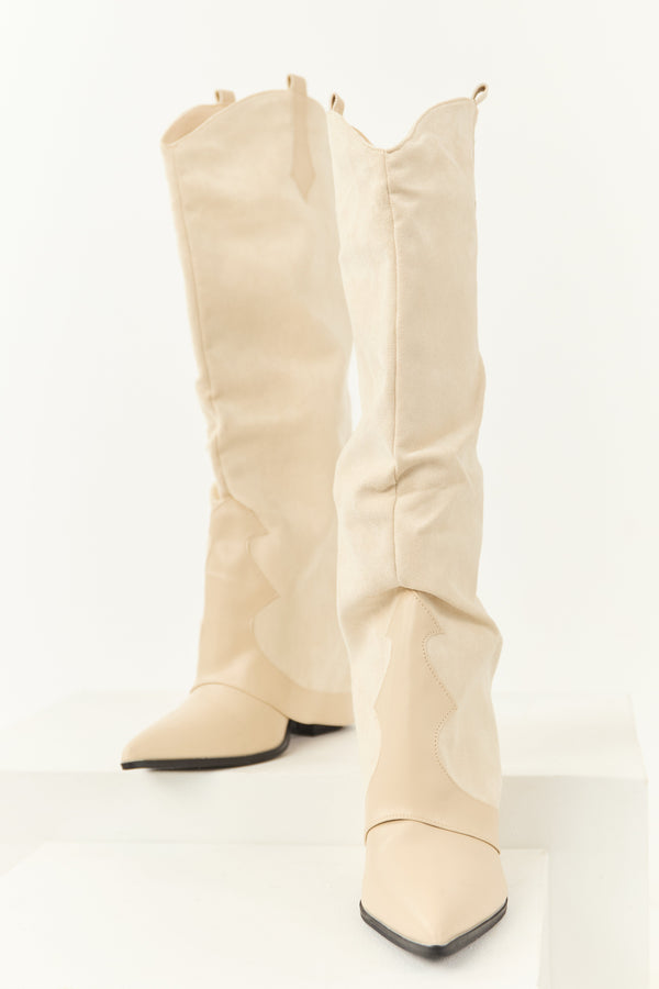 Stylish Vanilla Faux Suede Knee High Cowboy Boots with Overlay Design