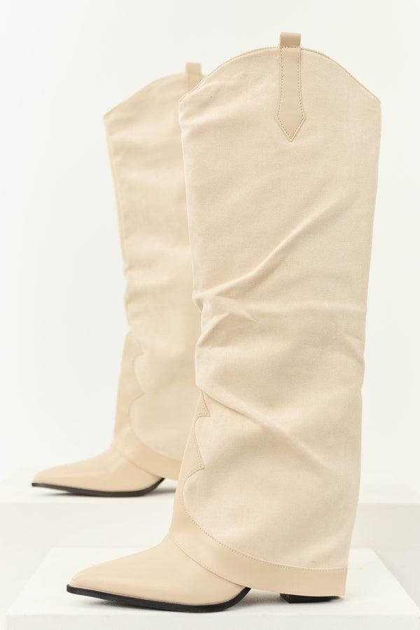 Stylish Vanilla Faux Suede Knee High Cowboy Boots with Overlay Design