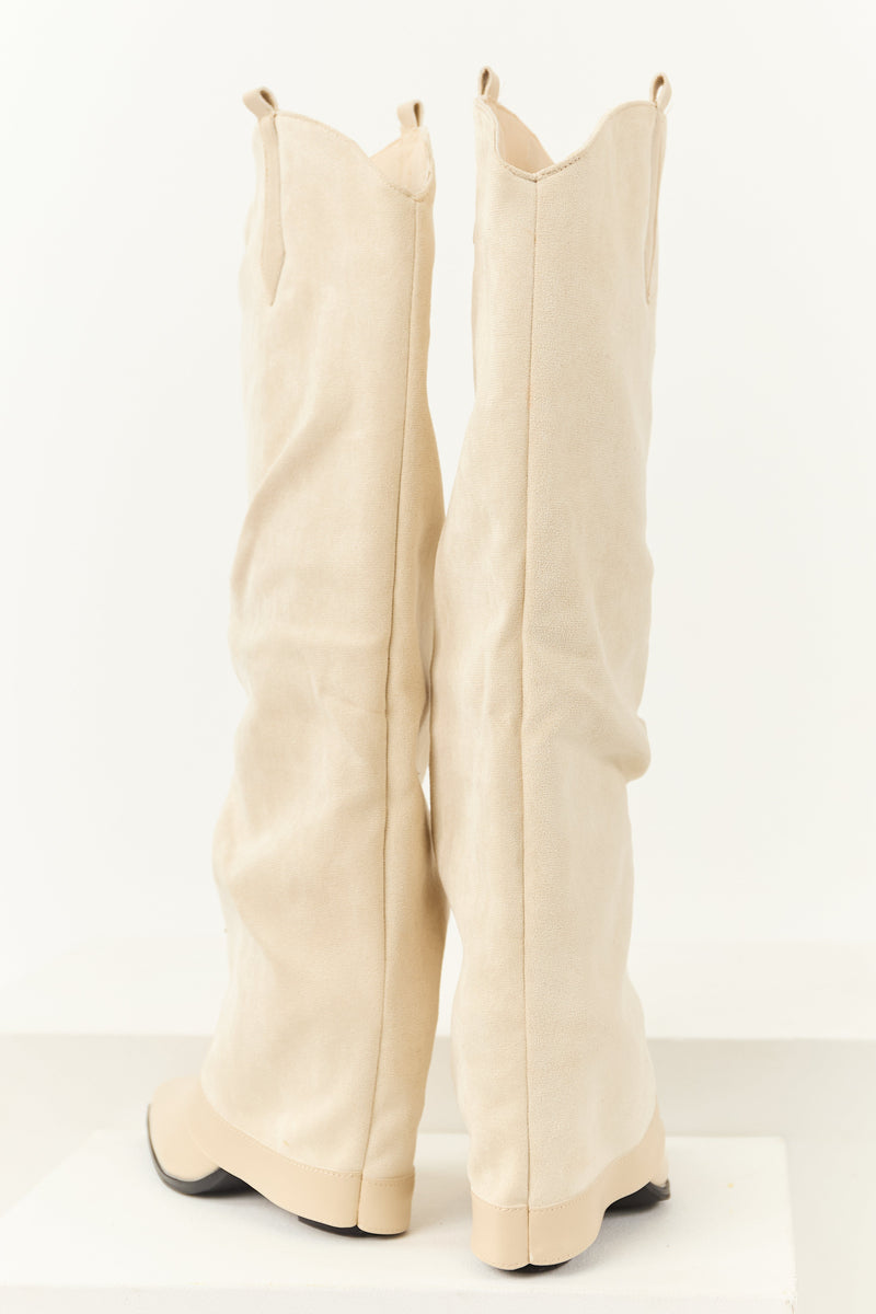 Stylish Vanilla Faux Suede Knee High Cowboy Boots with Overlay Design