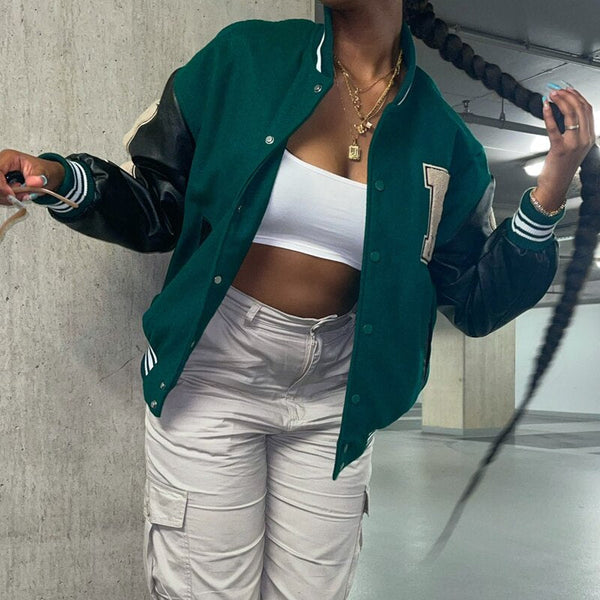 Stylish Women's Graphic Varsity Bomber Jacket - Unique Bone Sleeve Design