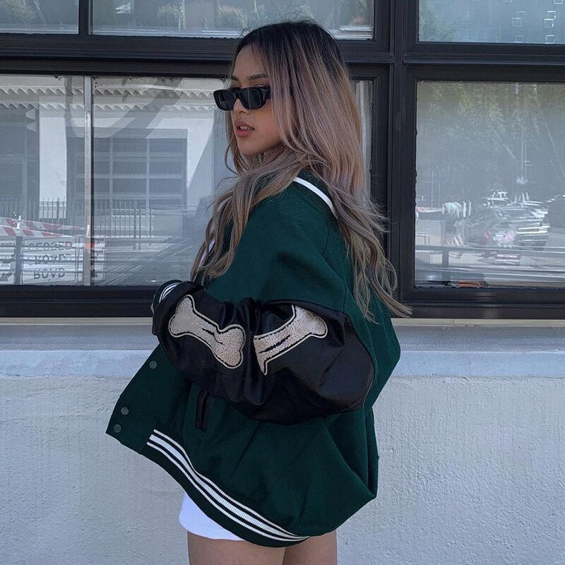 Stylish Women's Graphic Varsity Bomber Jacket - Unique Bone Sleeve Design