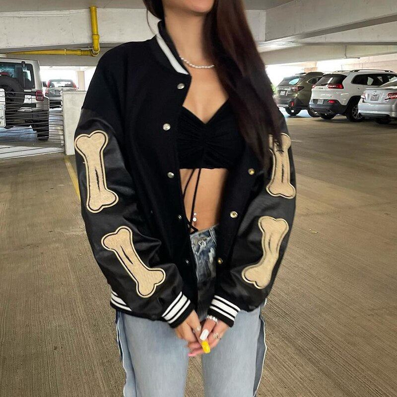 Stylish Women's Graphic Varsity Bomber Jacket - Unique Bone Sleeve Design