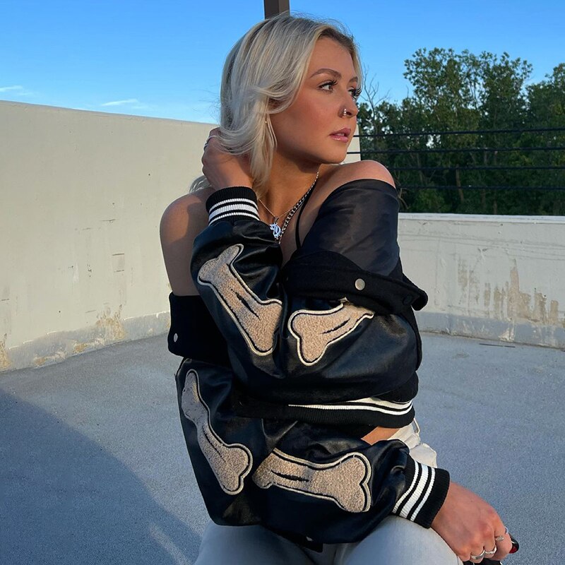 Stylish Women's Graphic Varsity Bomber Jacket - Unique Bone Sleeve Design