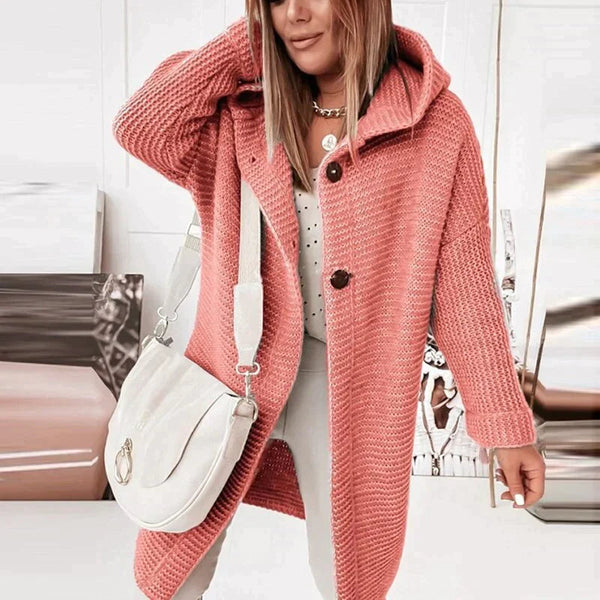 Women's Long Hooded Knit Cardigan with Button Front - Cozy & Stylish Outerwear for Fall/Winter
