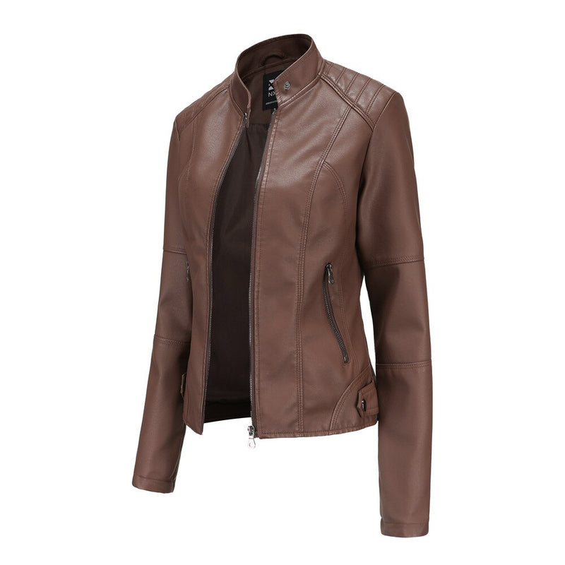 Women's Slim Fit Mao Collar Jacket - Zipper Front, Tailored Design, Hip Length - Stylish Outerwear