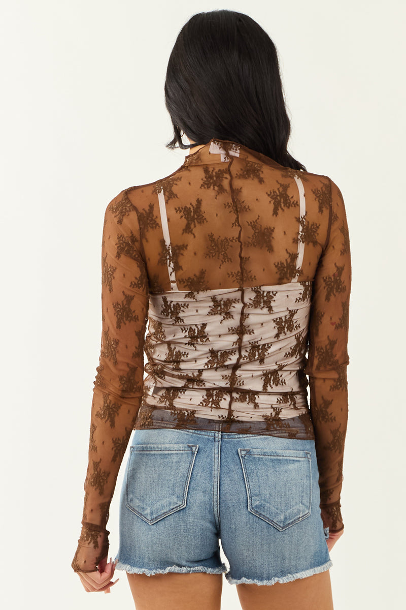 Women's Walnut Mesh Lace Mock Neck Long Sleeve Top - Elegant & Stylish Blouse