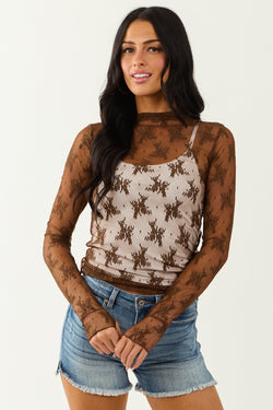 Women's Walnut Mesh Lace Mock Neck Long Sleeve Top - Elegant & Stylish Blouse