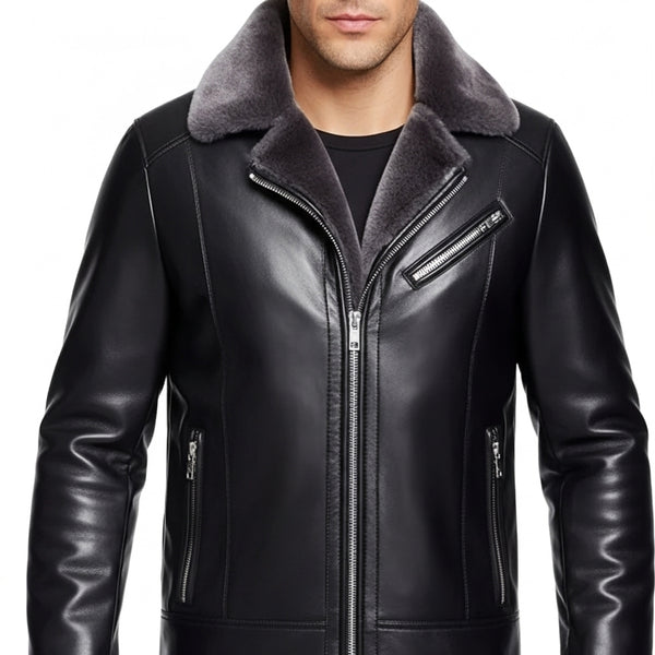 Men's Winter Leather Motorcycle Jacket - Fleece Lined Biker Coat with Thick Fur Collar - Stylish PU Slim Fit Overcoat