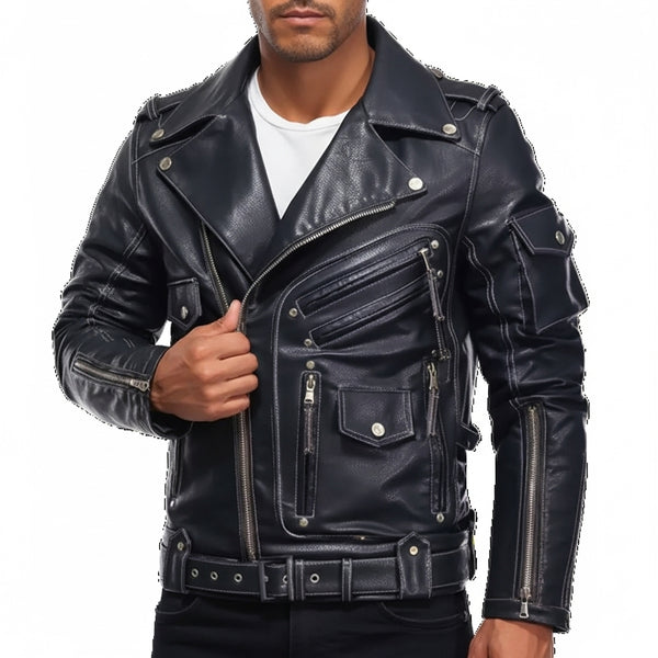 Plus Size Men's Leather Jackets Luxury Brand Winter Men's Fashion Motorcycle Leather Jacket Cool Zipper Pockets Leather Jacket