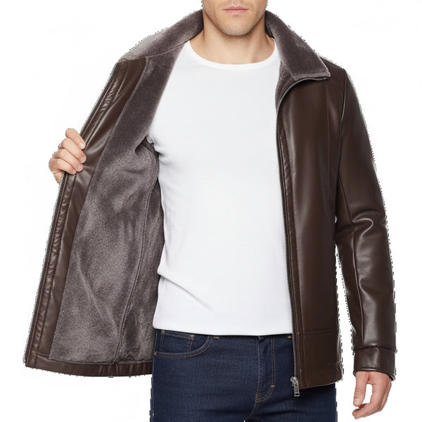 Men's Winter Leather Motorcycle Jacket - Fleece Lined Biker Coat with Thick Fur Collar - Stylish PU Slim Fit Overcoat