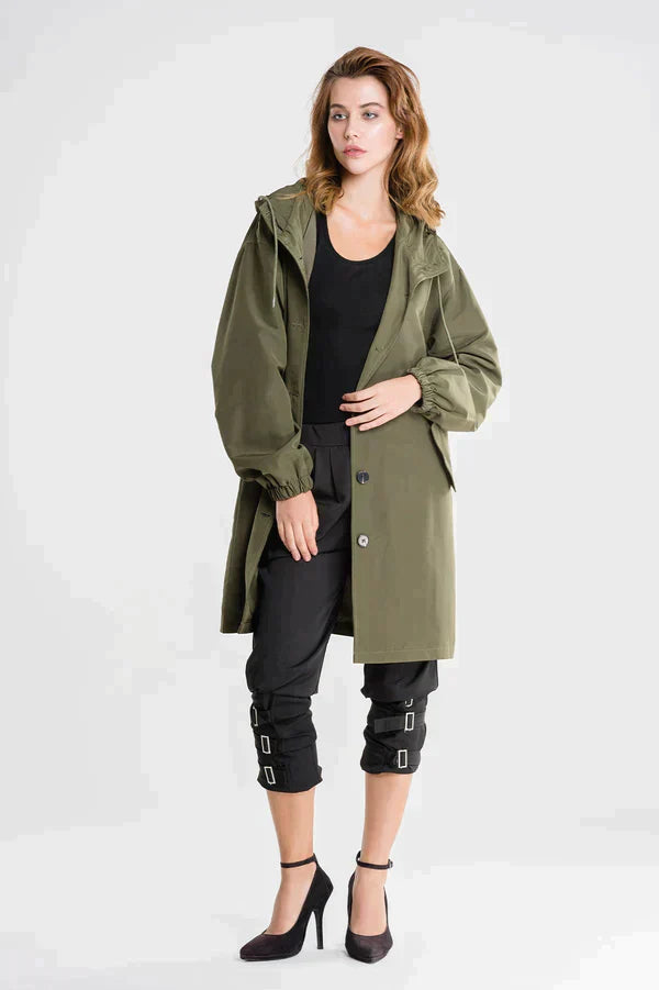 Women's Waterproof Hooded Jacket with Button Closure - Stylish & Functional Rainwear