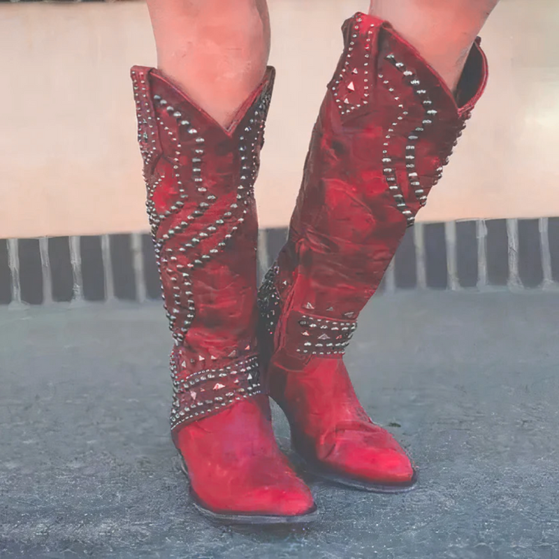 Stylish Women's Knee High Cowboy Boots with Rivet Detail, Chunky Thick Heel & Convenient Side Zip Closure