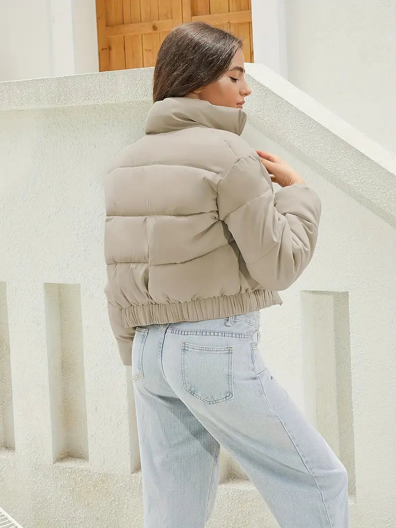 Women's Short Puffer Bomber Jacket - Zip Front, Elastic Hem, Lightweight & Stylish Outerwear