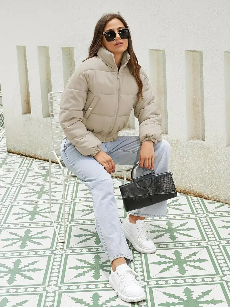 Women's Short Puffer Bomber Jacket - Zip Front, Elastic Hem, Lightweight & Stylish Outerwear