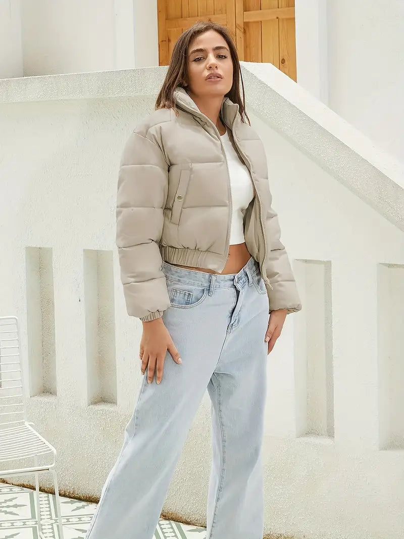 Women's Short Puffer Bomber Jacket - Zip Front, Elastic Hem, Lightweight & Stylish Outerwear