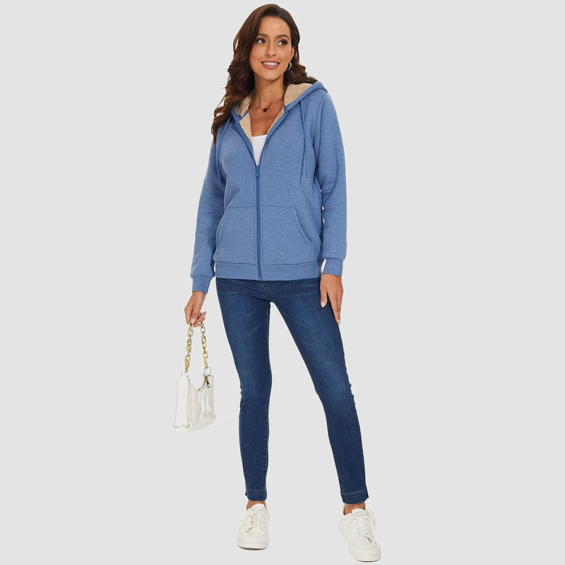 Women's Cozy Zip-Up Sherpa-Lined Fleece Hoodie Jacket - Warm & Stylish Outerwear