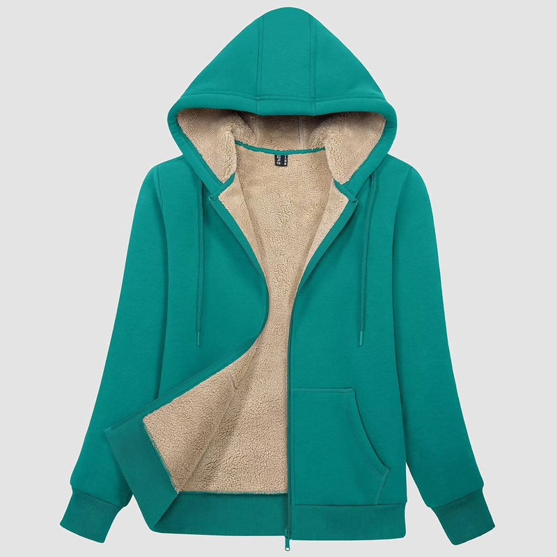 Women's Cozy Zip-Up Sherpa-Lined Fleece Hoodie Jacket - Warm & Stylish Outerwear