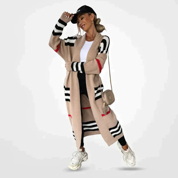 Women's Elegant Striped Long Knit Cardigan - Stylish & Cozy Layering Piece