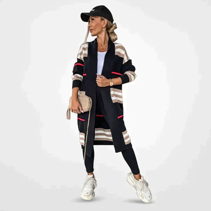 Women's Elegant Striped Long Knit Cardigan - Stylish & Cozy Layering Piece