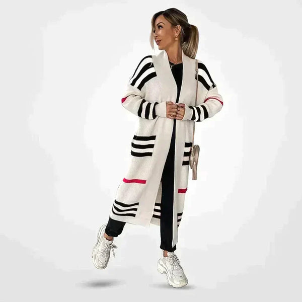 Women's Elegant Striped Long Knit Cardigan - Stylish & Cozy Layering Piece