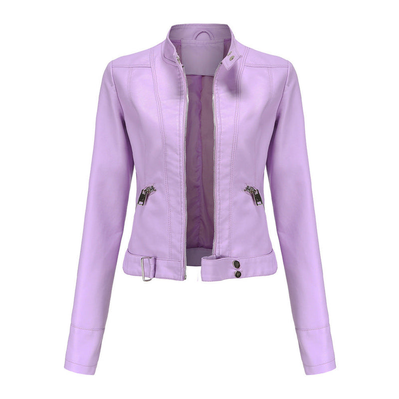 Stylish Women's Leather Jacket with Zip Closure, High Collar, and Adjustable Belt - Perfect for Any Season