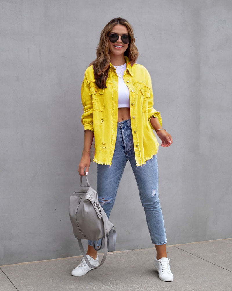 Clara Women's Distressed Tattered Denim Jacket - Trendy Casual Outerwear for Everyday Style