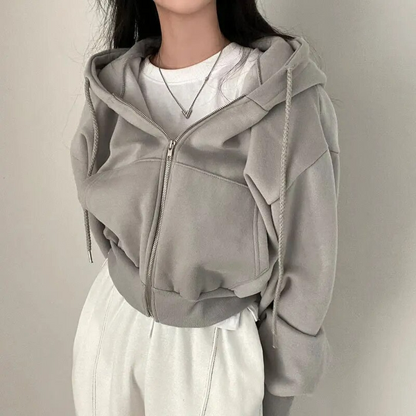 Women's Oversized Cropped Zip-Up Hoodie with Pockets - Stylish & Comfortable Casual Wear