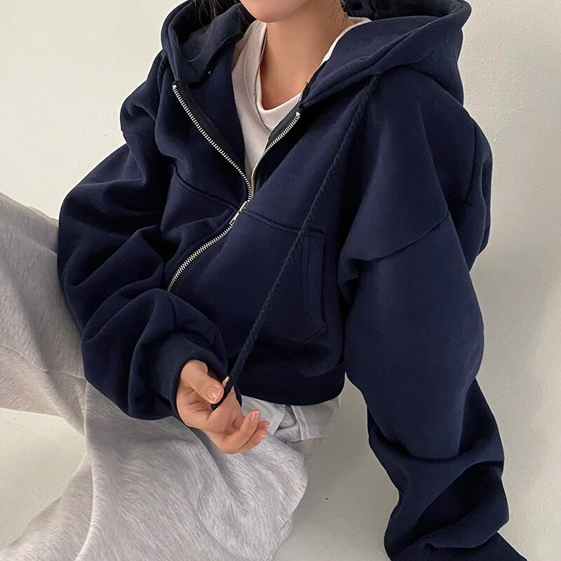 Women's Oversized Cropped Zip-Up Hoodie with Pockets - Stylish & Comfortable Casual Wear