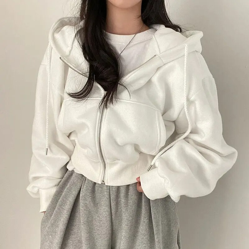 Women's Oversized Cropped Zip-Up Hoodie with Pockets - Stylish & Comfortable Casual Wear