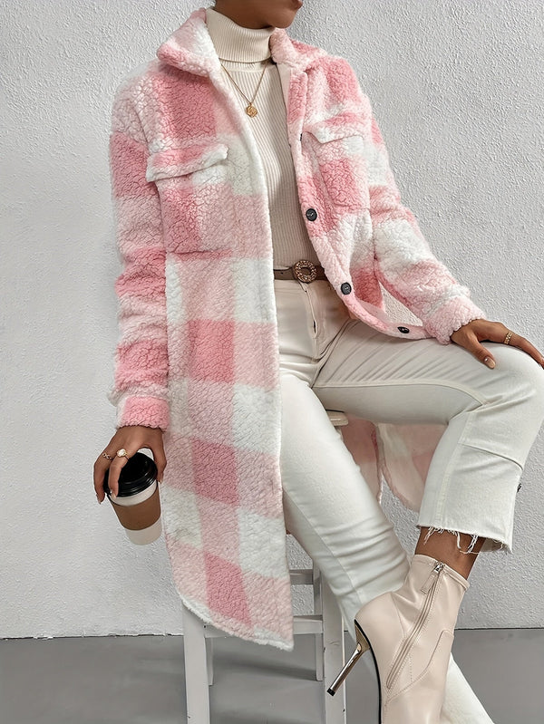Women's Long Plaid Teddy Fleece Coat with Button Front & Pockets - Cozy Winter Outerwear