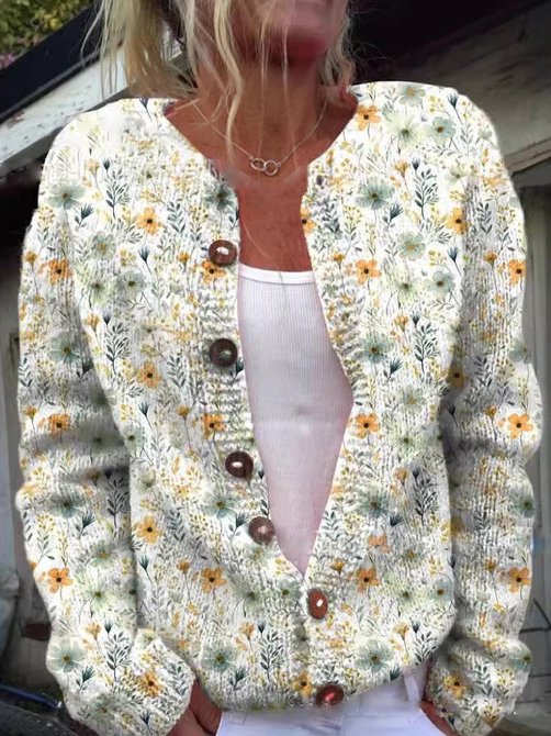 Women's Floral Knit Cardigan - Crew Neck, Button Closure, Cozy & Stylish Sweater for All Seasons