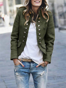 Women's Structured Military Jacket with Button Front & Epaulettes - Hip Length Fashion Outerwear