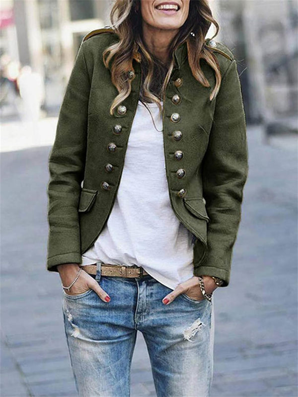 Women's Structured Military Jacket with Button Front & Epaulettes - Hip Length Fashion Outerwear
