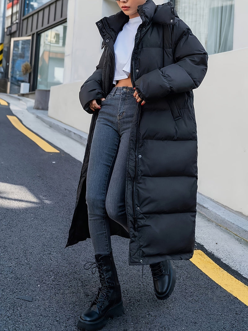 Women's Long Black Puffer Jacket with Hood - Stylish Full-Length Quilted Design for Ultimate Warmth