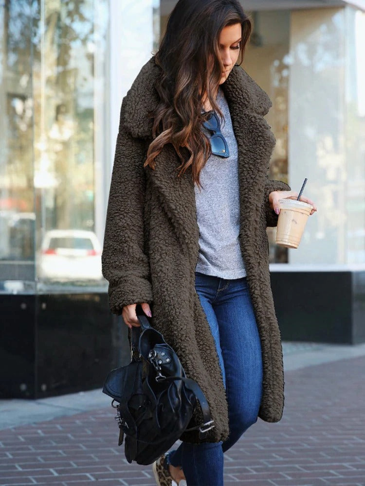 Women's Oversized Long Winter Teddy Coat with Stylish Lapel Collar - Cozy & Warm Outerwear