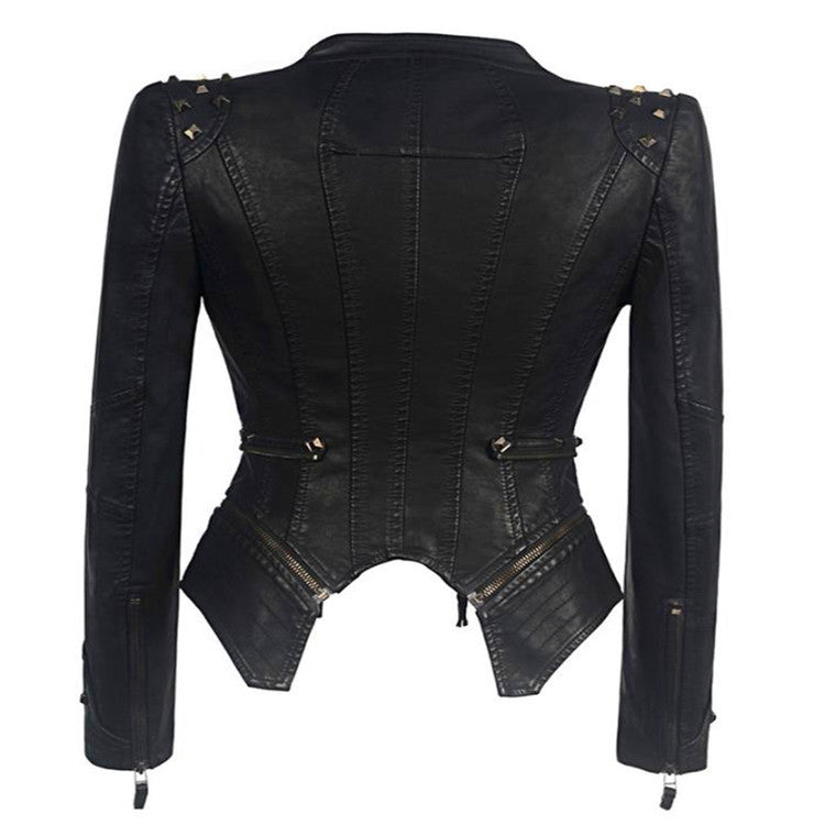 Women's Black Motorcycle Jacket with Stylish Zipper Details - Trendy Biker Outerwear