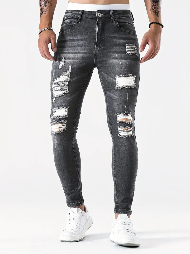 Men's Ripped Skinny Jeans - Stylish Distressed Denim Pants for a Trendy Look