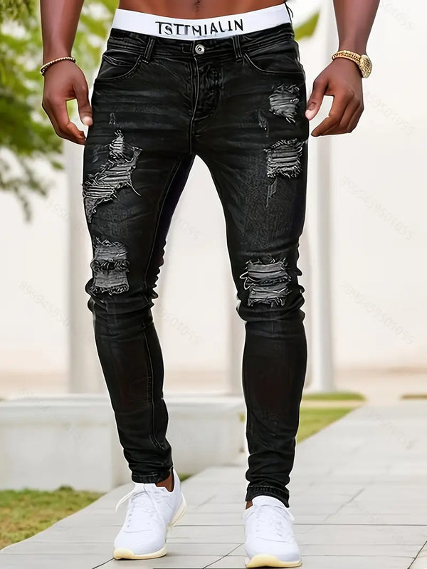 Men's Ripped Skinny Jeans - Stylish Distressed Denim Pants for a Trendy Look